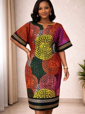 Colorful African Print Midi Dress with Short Sleeves